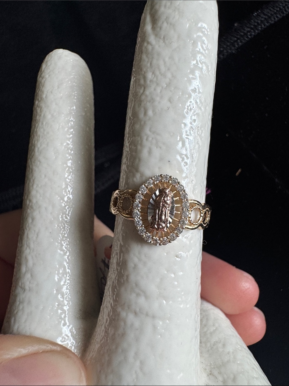 14 K Gold -Gold-Tone Virgin Mary Halo Ring with Clear Stones (7.5)